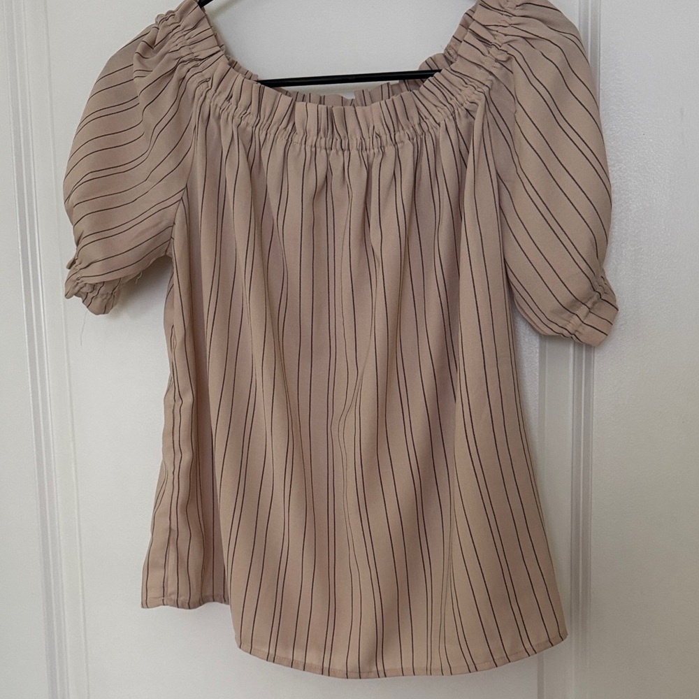 Lush Beige Striped Puff Sleeve Blouse